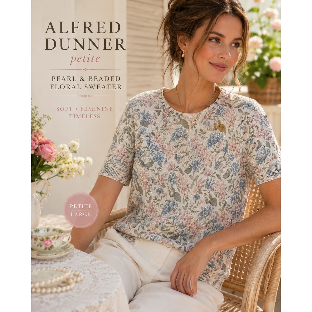 Alfred Dunner Petite Pearl Beaded Floral Sweater Cottagecore Grandmillennial